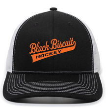 Load image into Gallery viewer, BB Hockey Black/White with Orange Embroidery Youth Trucker Hat
